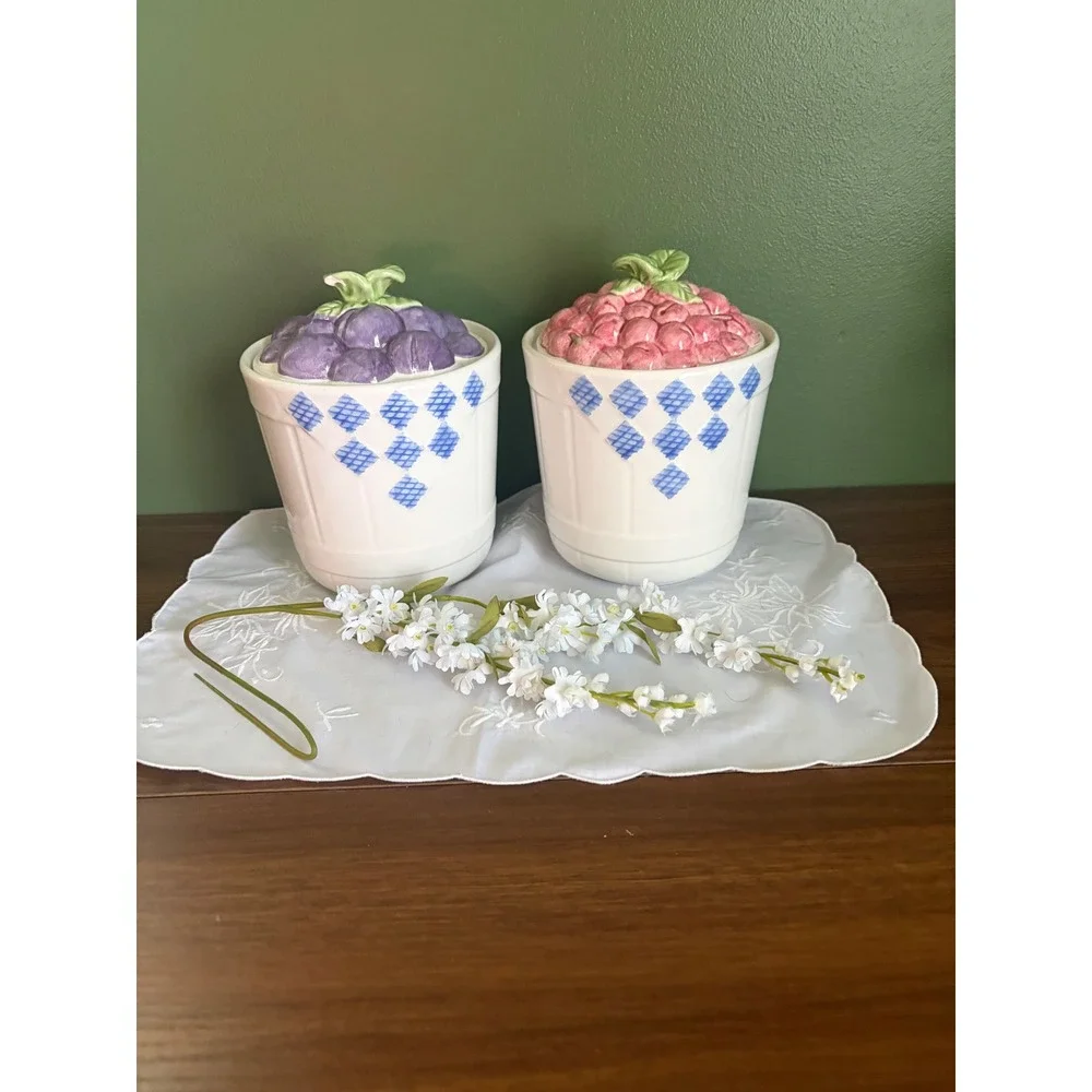 Vintage‎ Treasure Craft Ceramic Fruit Canister Set Plums and Cherries